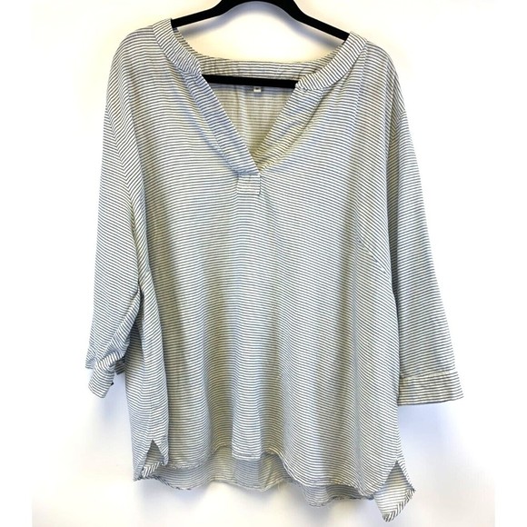 mercer & madison Tops - Mercer And Madison Linen Popover Shirt V Neck Pullover Blue Striped Womens 3X